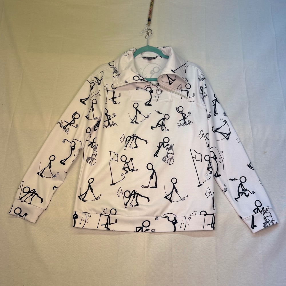 Acegolfs Womens Stick Figure Golf Print Asymmetrical Quarter Zip Pullover M